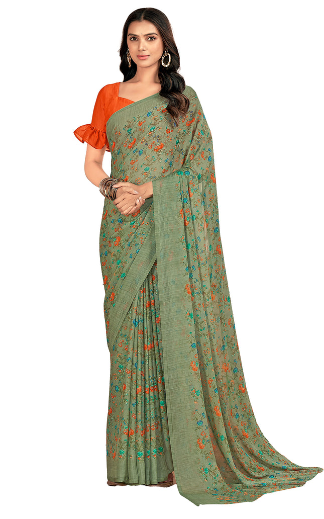 Floral Print, Graphic Print Kalamkari Chiffon, Georgette Saree (Olive Green)