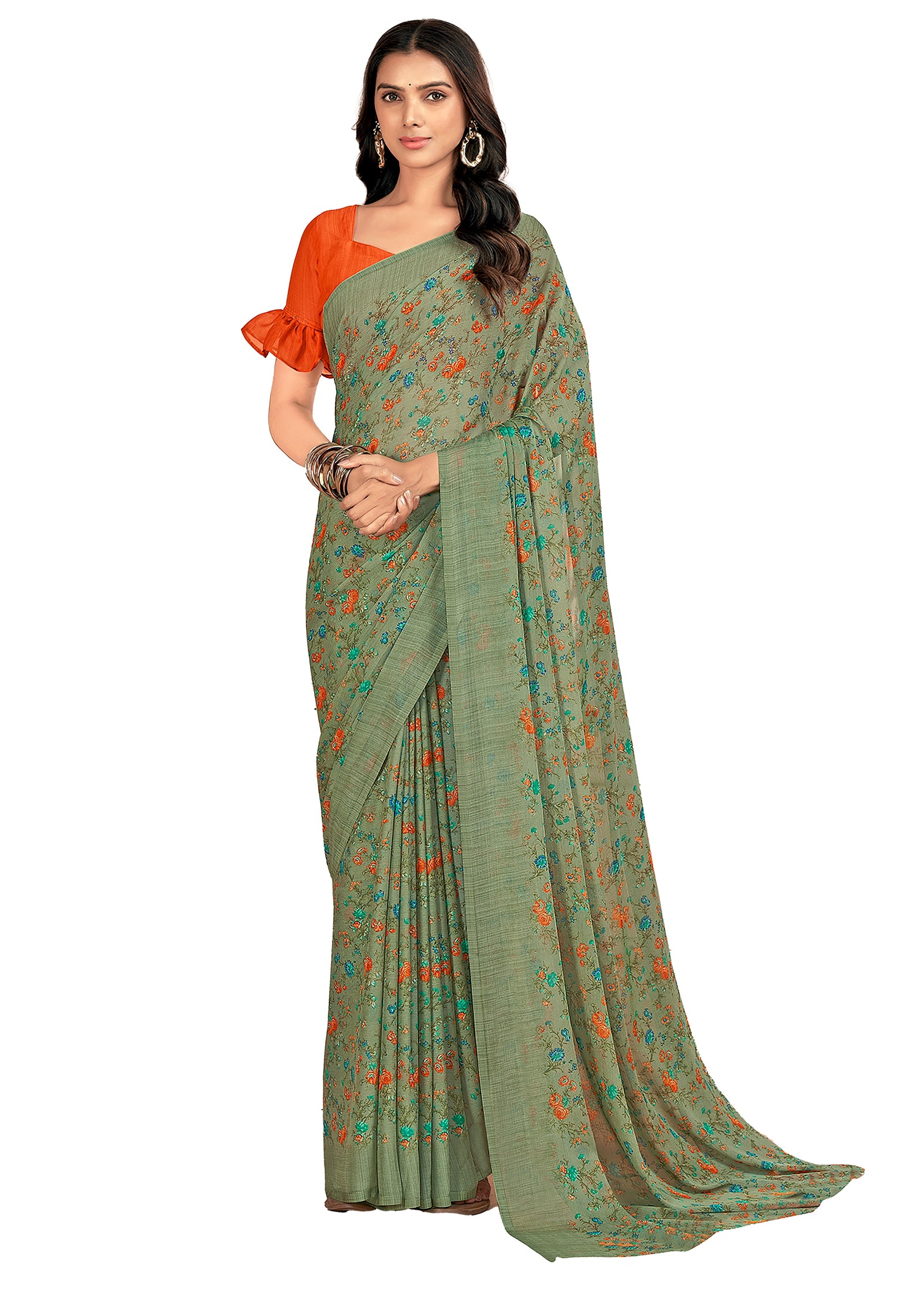 Bollywood Printed Chiffon Georgette Saree (Olive Green)