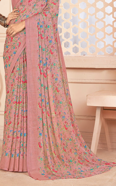 Floral Printed Chiffon Georgette Saree (Dusty Pink)