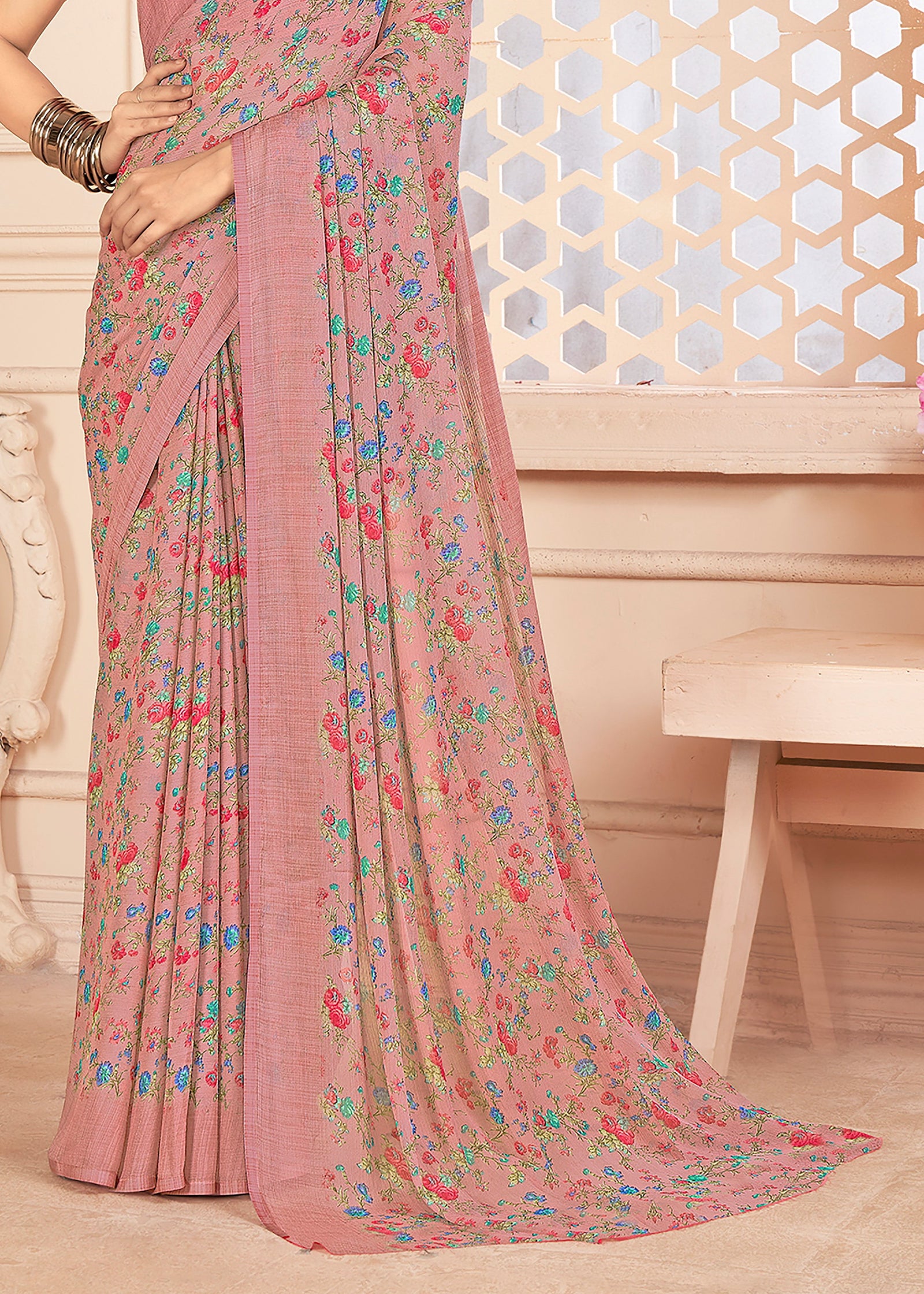 Floral Printed Chiffon Georgette Saree (Dusty Pink)