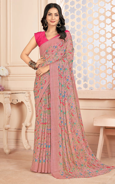 Floral Printed Chiffon Georgette Saree (Dusty Pink)