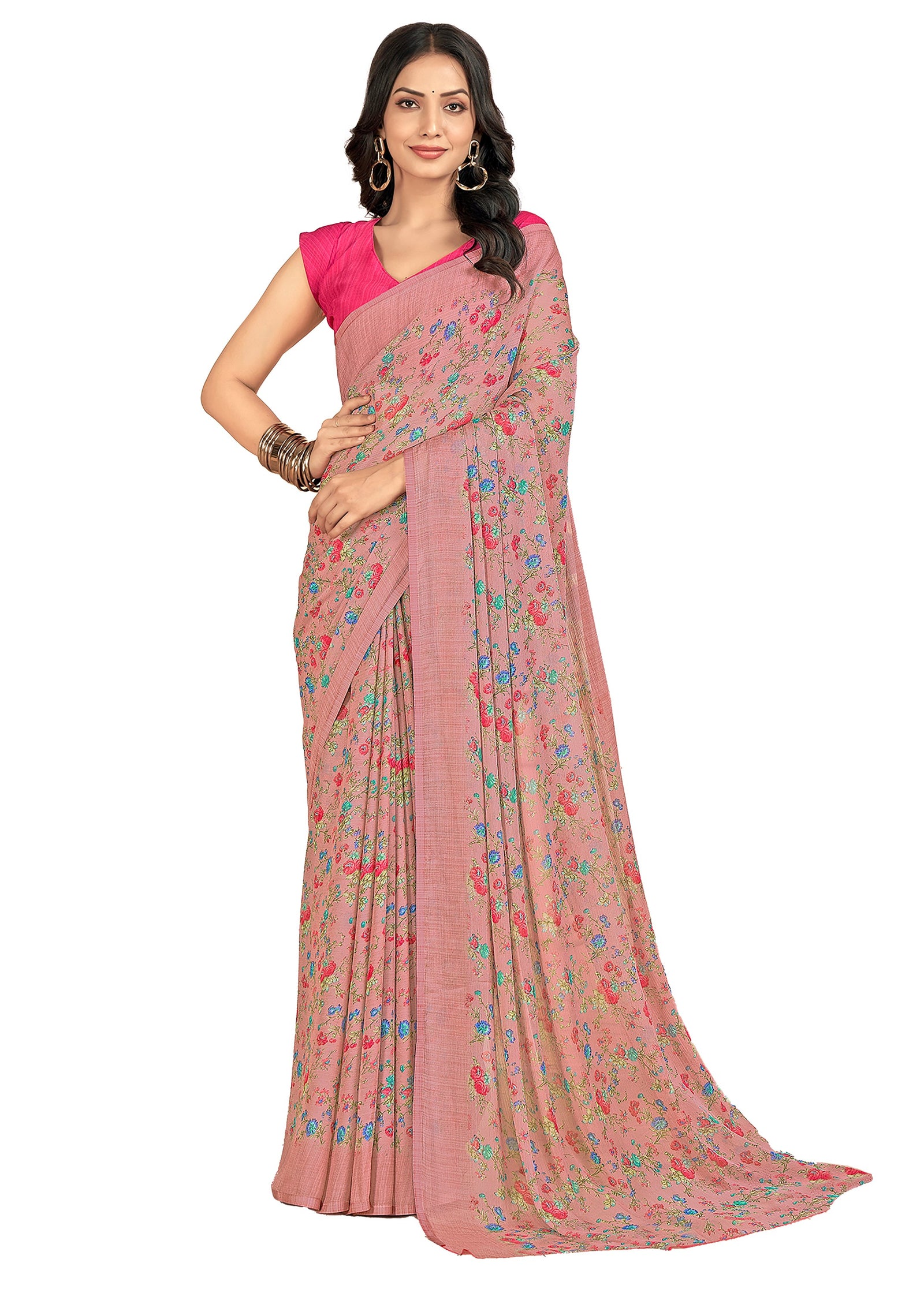 Floral Printed Chiffon Georgette Saree (Dusty Pink)