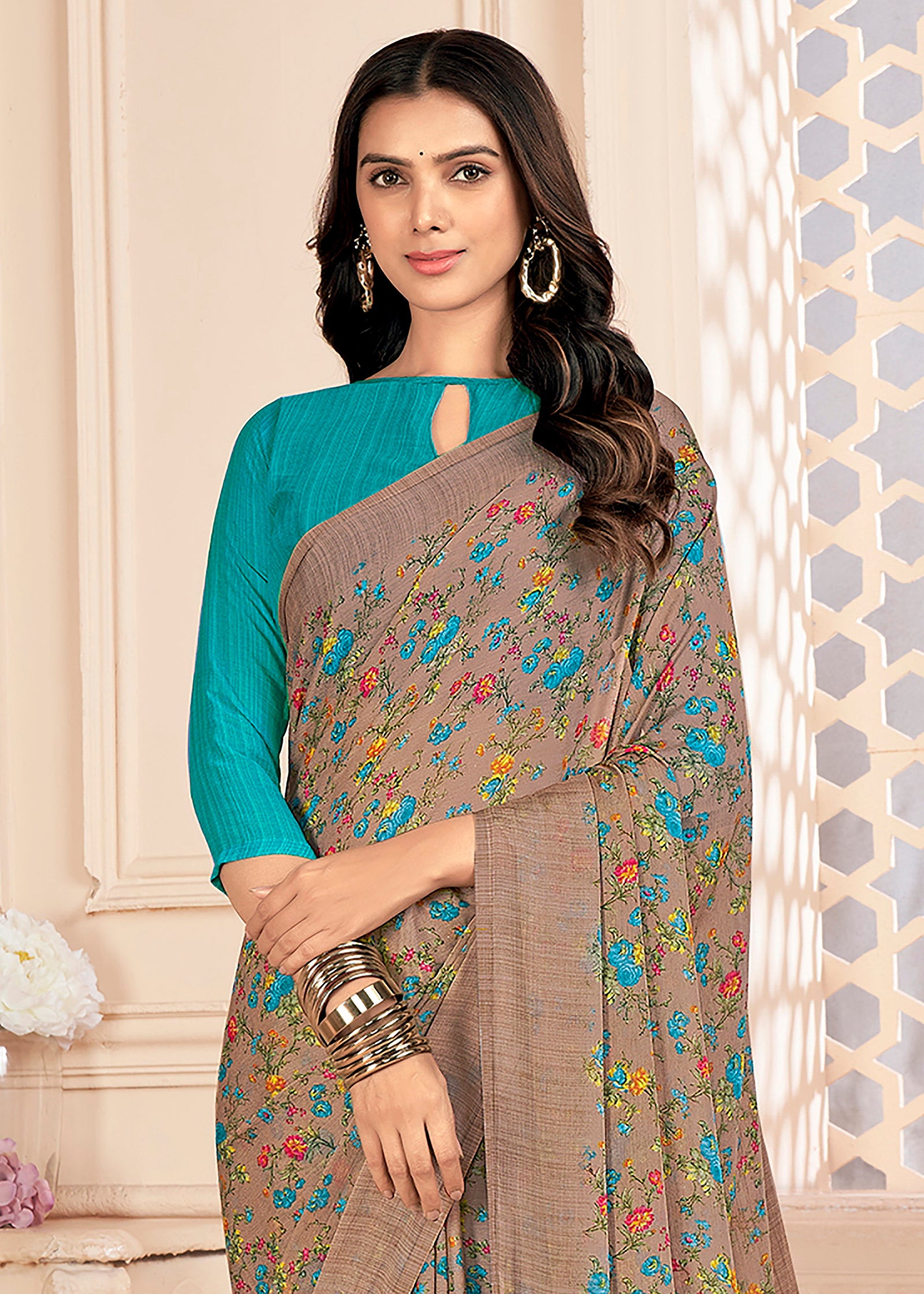 Floral Printed Chiffon Georgette Saree (Coffee Brown)