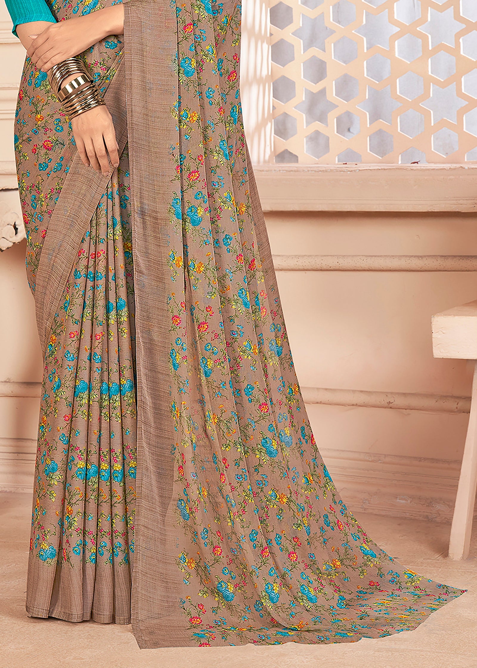 Floral Printed Chiffon Georgette Saree (Coffee Brown)
