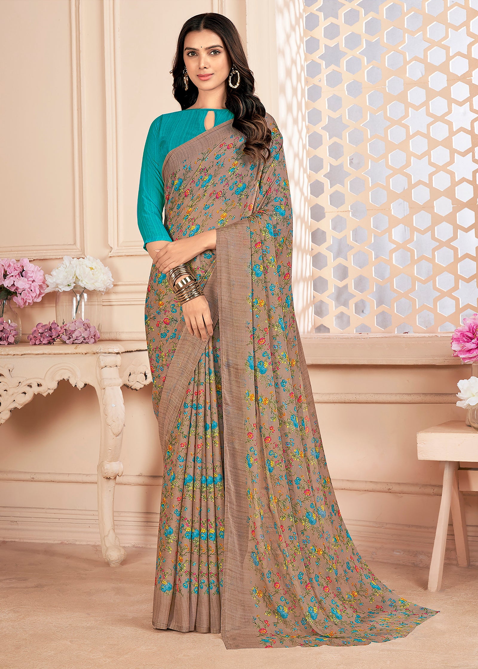 Floral Printed Chiffon Georgette Saree (Coffee Brown)