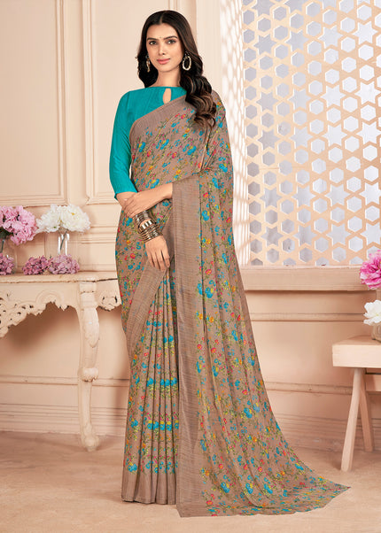 Floral Printed Chiffon Georgette Saree (Coffee Brown)