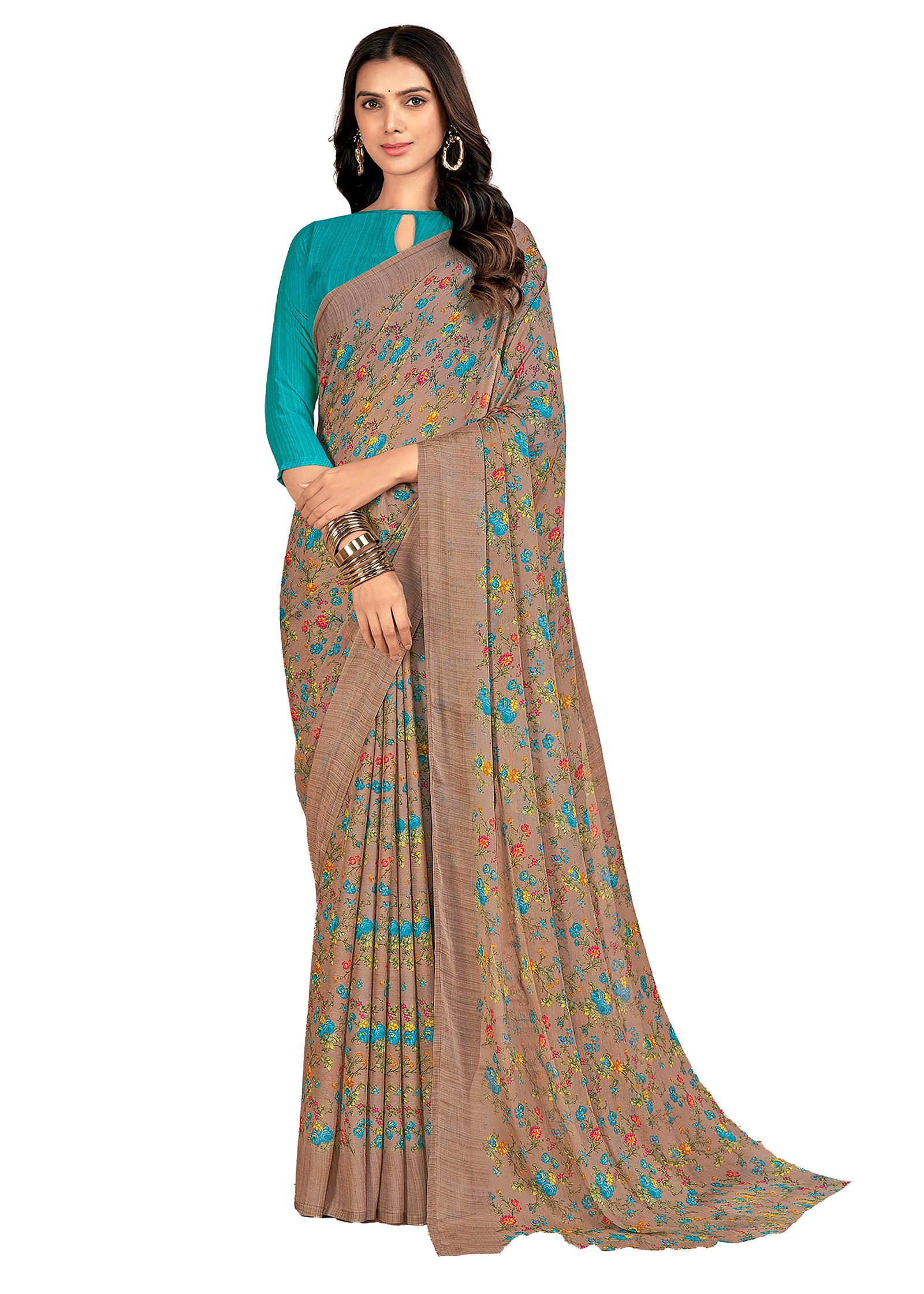 Floral Printed Chiffon Georgette Saree (Coffee Brown)