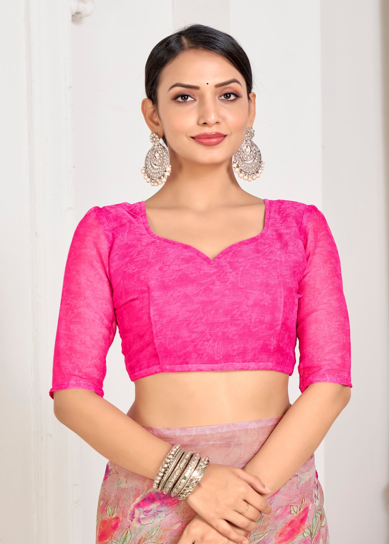 Floral Print Chiffon Georgette Saree (Pink)