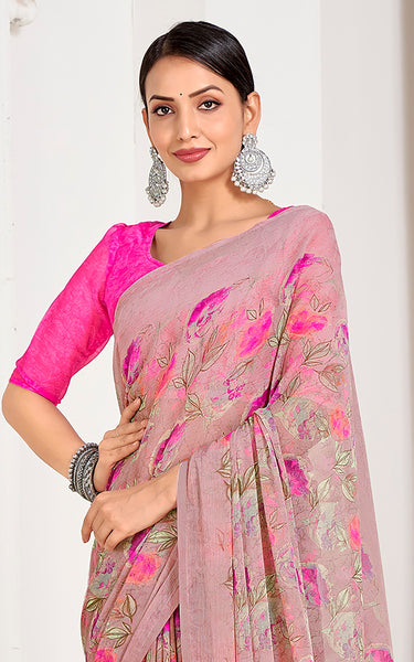 Floral Print Chiffon Georgette Saree (Pink)
