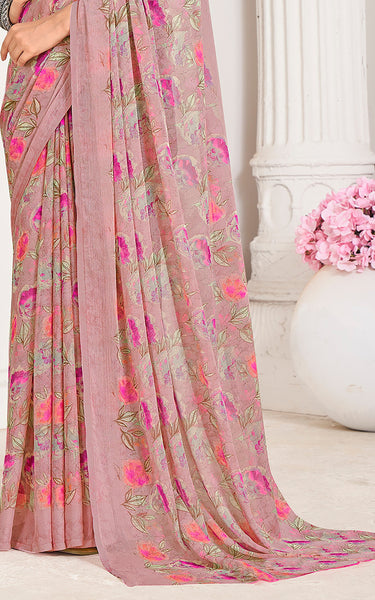 Floral Print Chiffon Georgette Saree (Pink)