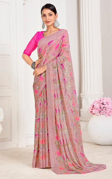 Floral Print Chiffon Georgette Saree (Pink)