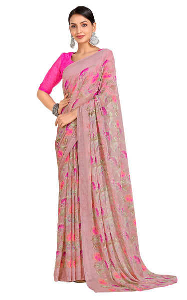 Floral Print Chiffon Georgette Saree (Pink)