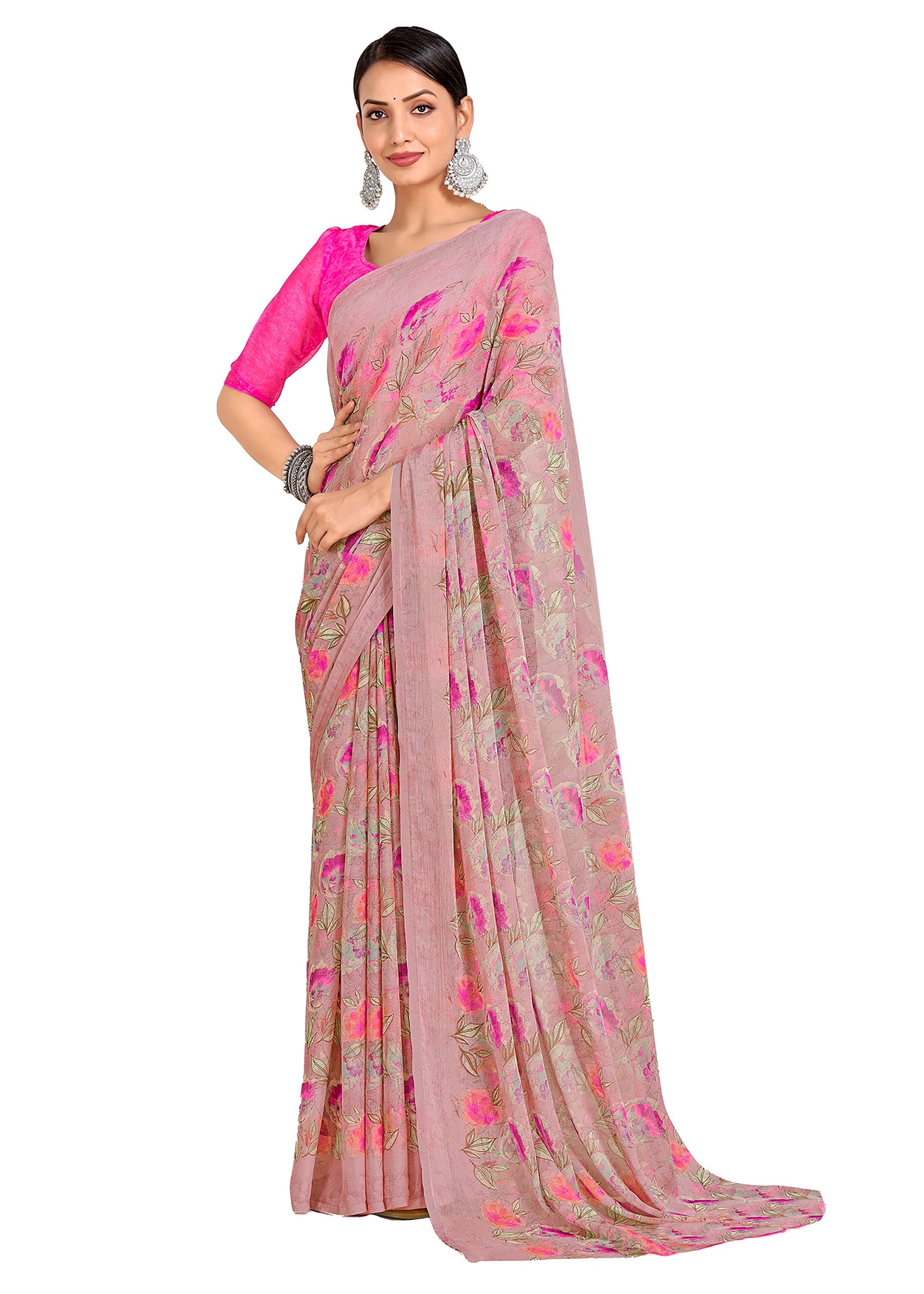 Floral Print Chiffon Georgette Saree (Pink)