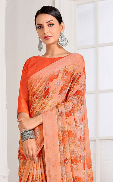 Floral Print Chiffon Georgette Saree (Orange)