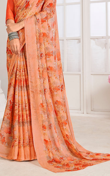 Floral Print Chiffon Georgette Saree (Orange)