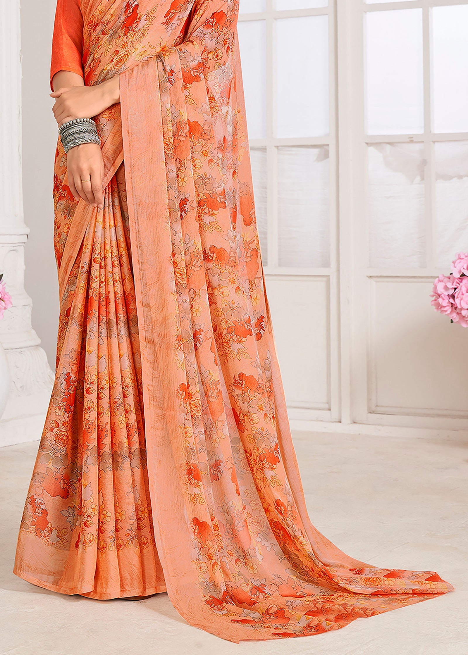 Floral Print Chiffon Georgette Saree (Orange)