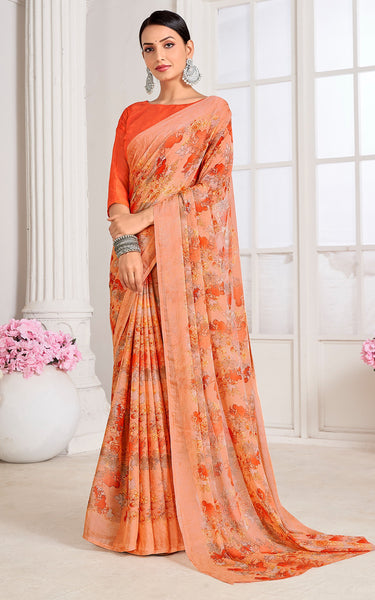 Floral Print Chiffon Georgette Saree (Orange)