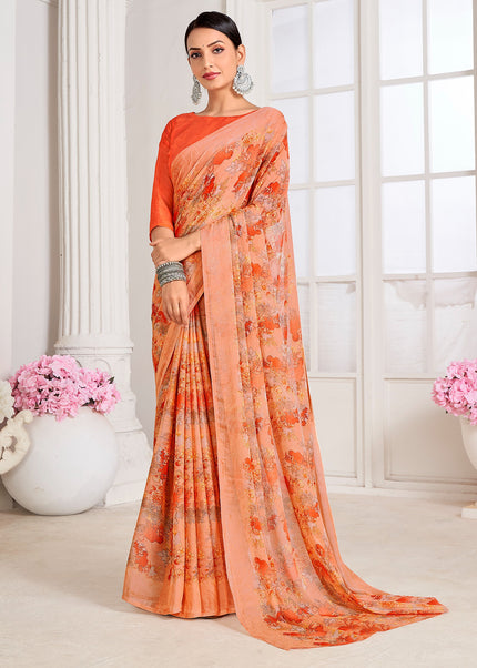 Floral Print Chiffon Georgette Saree (Orange)