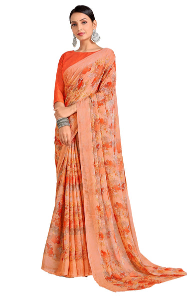 Floral Print Chiffon Georgette Saree (Orange)