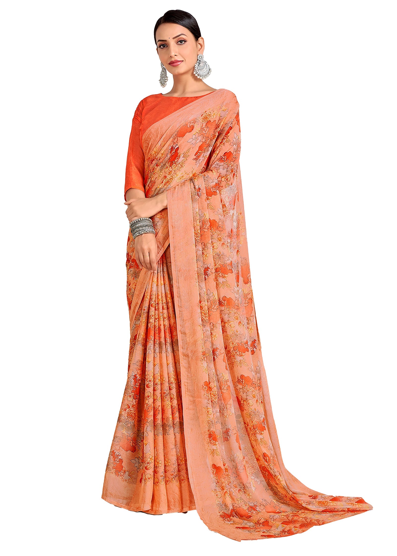 Floral Print Chiffon Georgette Saree (Orange)
