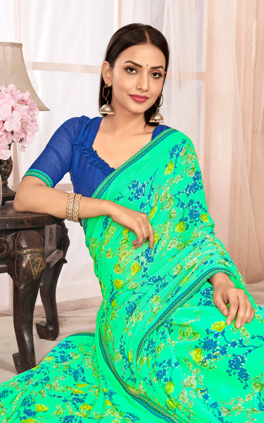 Floral Print Chiffon Saree With Attached Border (Aqua Green)