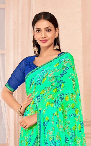 Floral Print Chiffon Saree With Attached Border (Aqua Green)