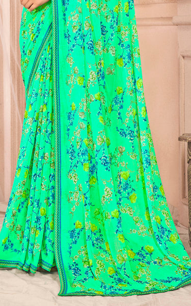 Floral Print Chiffon Saree With Attached Border (Aqua Green)