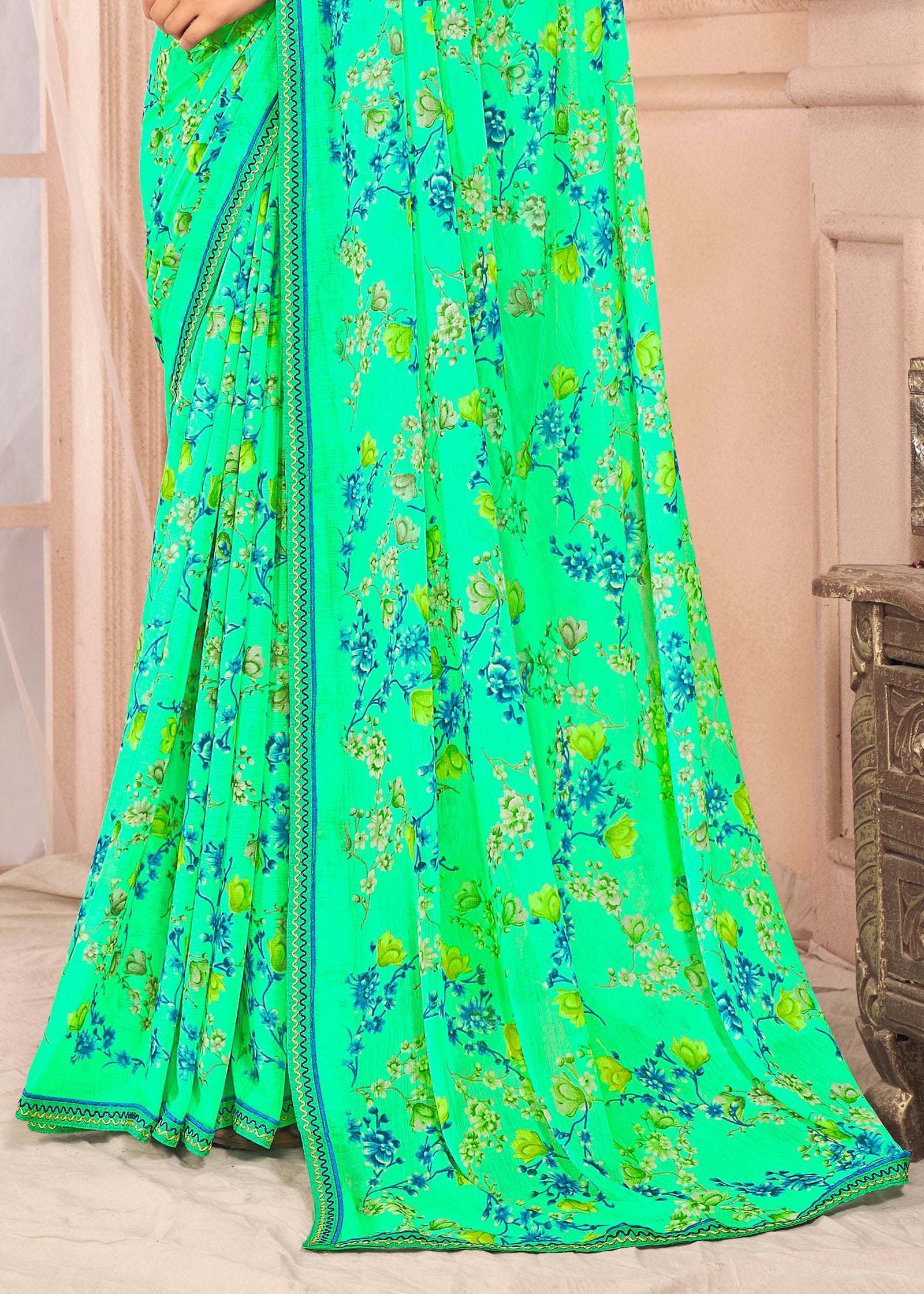 Floral Print Chiffon Saree With Attached Border (Aqua Green)