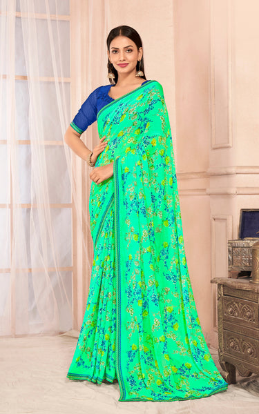 Floral Print Chiffon Saree With Attached Border (Aqua Green)