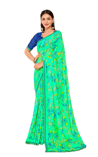 Floral Print Chiffon Saree With Attached Border (Aqua Green)