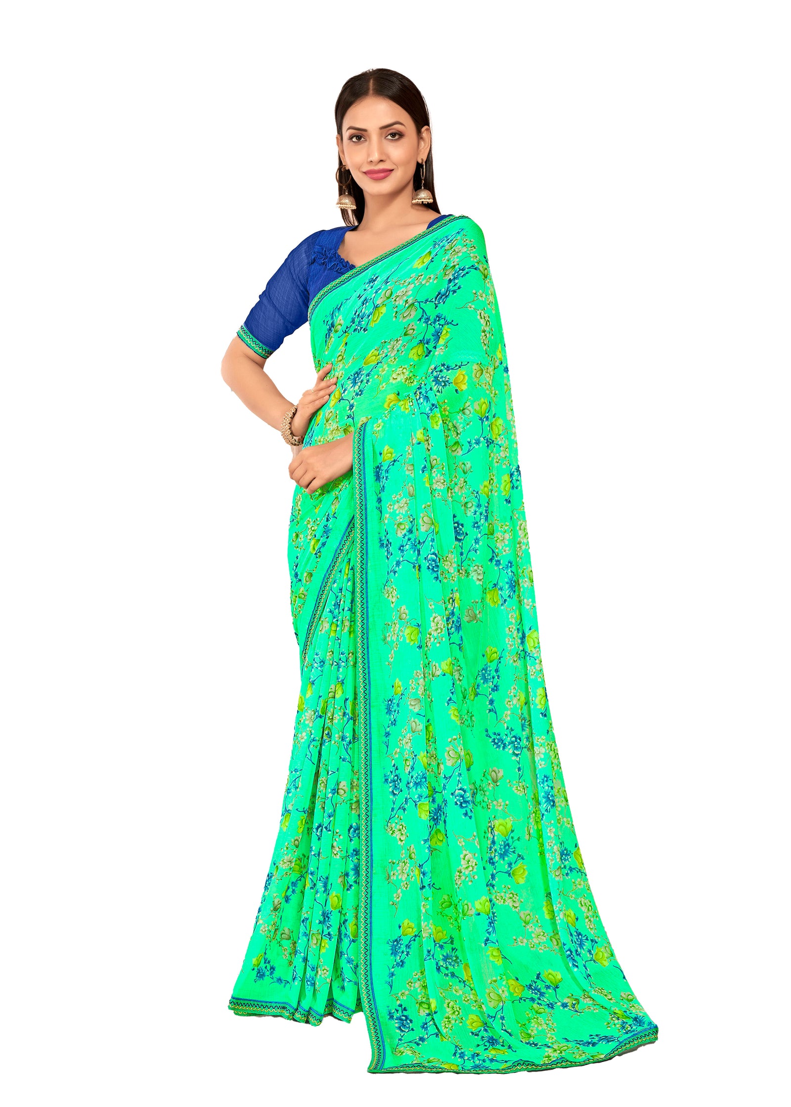 Floral Print Chiffon Saree With Attached Border (Aqua Green)