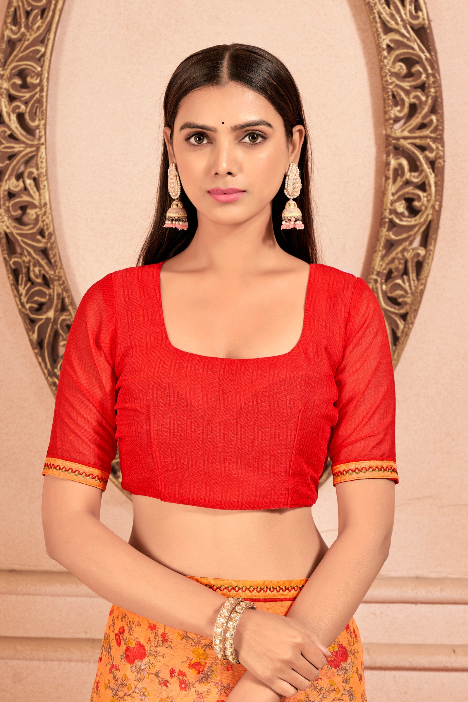 Floral Print Chiffon Saree With Attached Border (Light Orange)