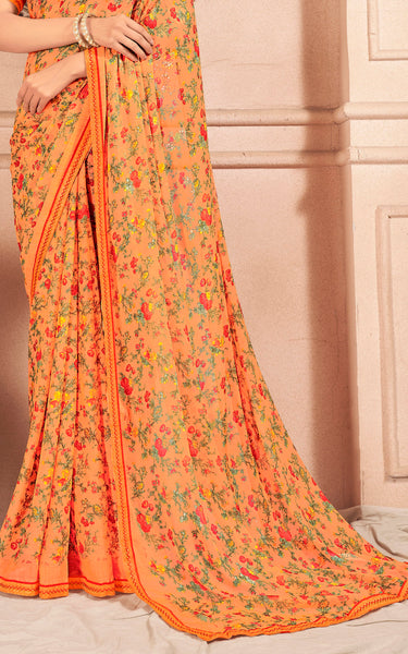 Floral Print Chiffon Saree With Attached Border (Light Orange)