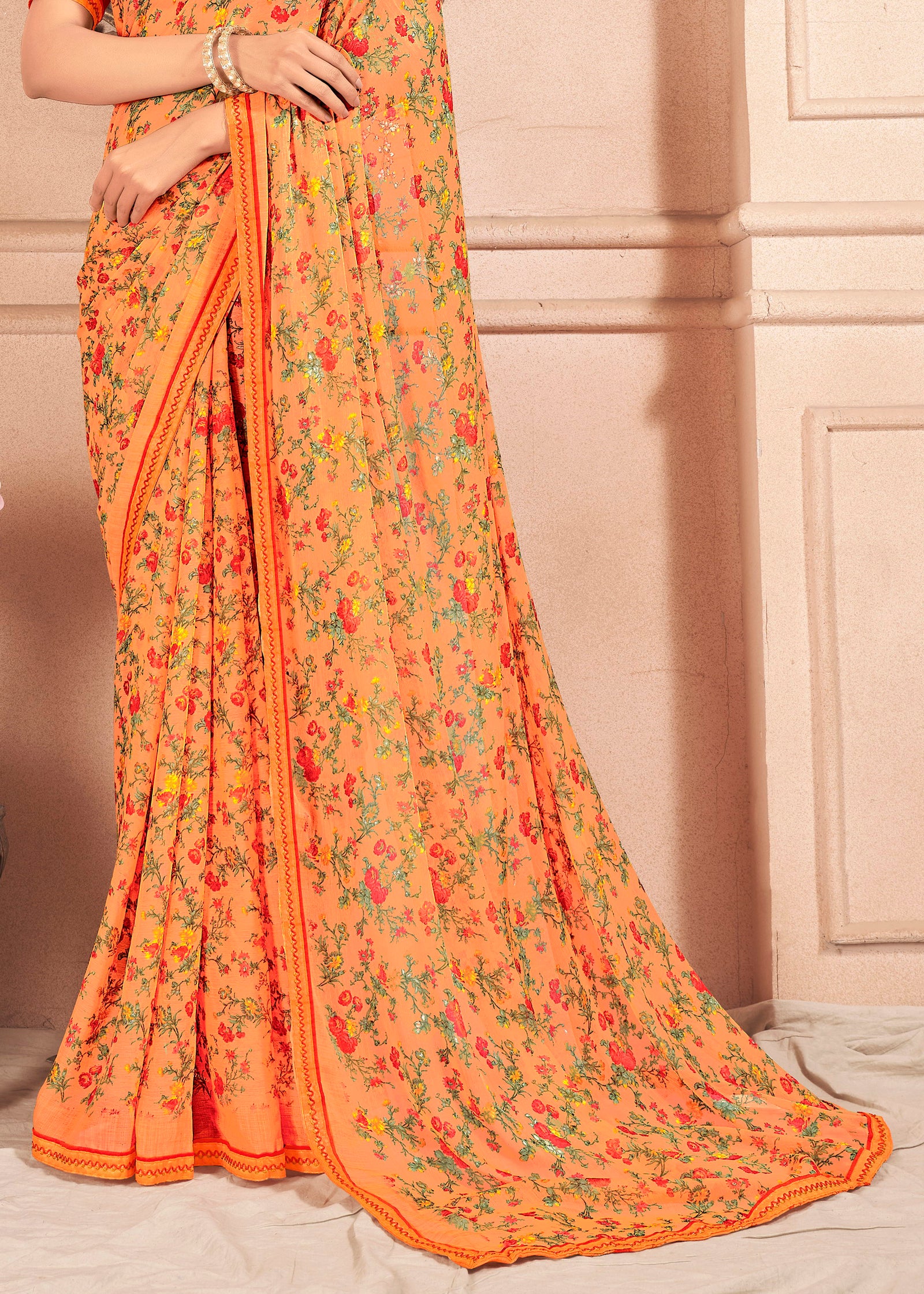 Floral Print Chiffon Saree With Attached Border (Light Orange)