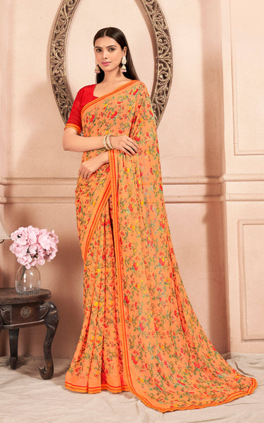 Floral Print Chiffon Saree With Attached Border (Light Orange)
