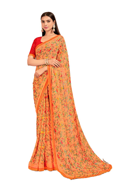 Floral Print Chiffon Saree With Attached Border (Light Orange)