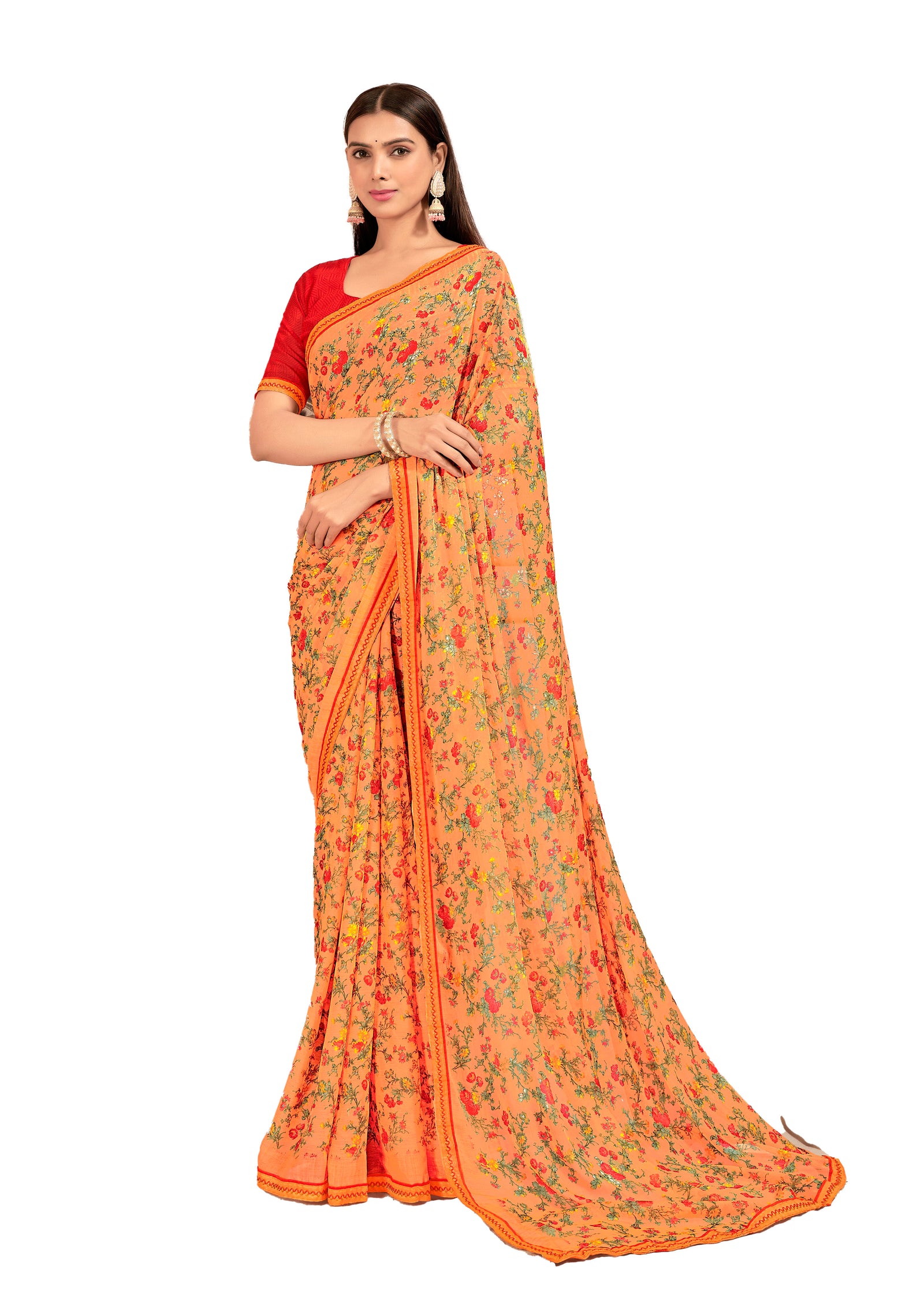 Floral Print Chiffon Saree With Attached Border (Light Orange)