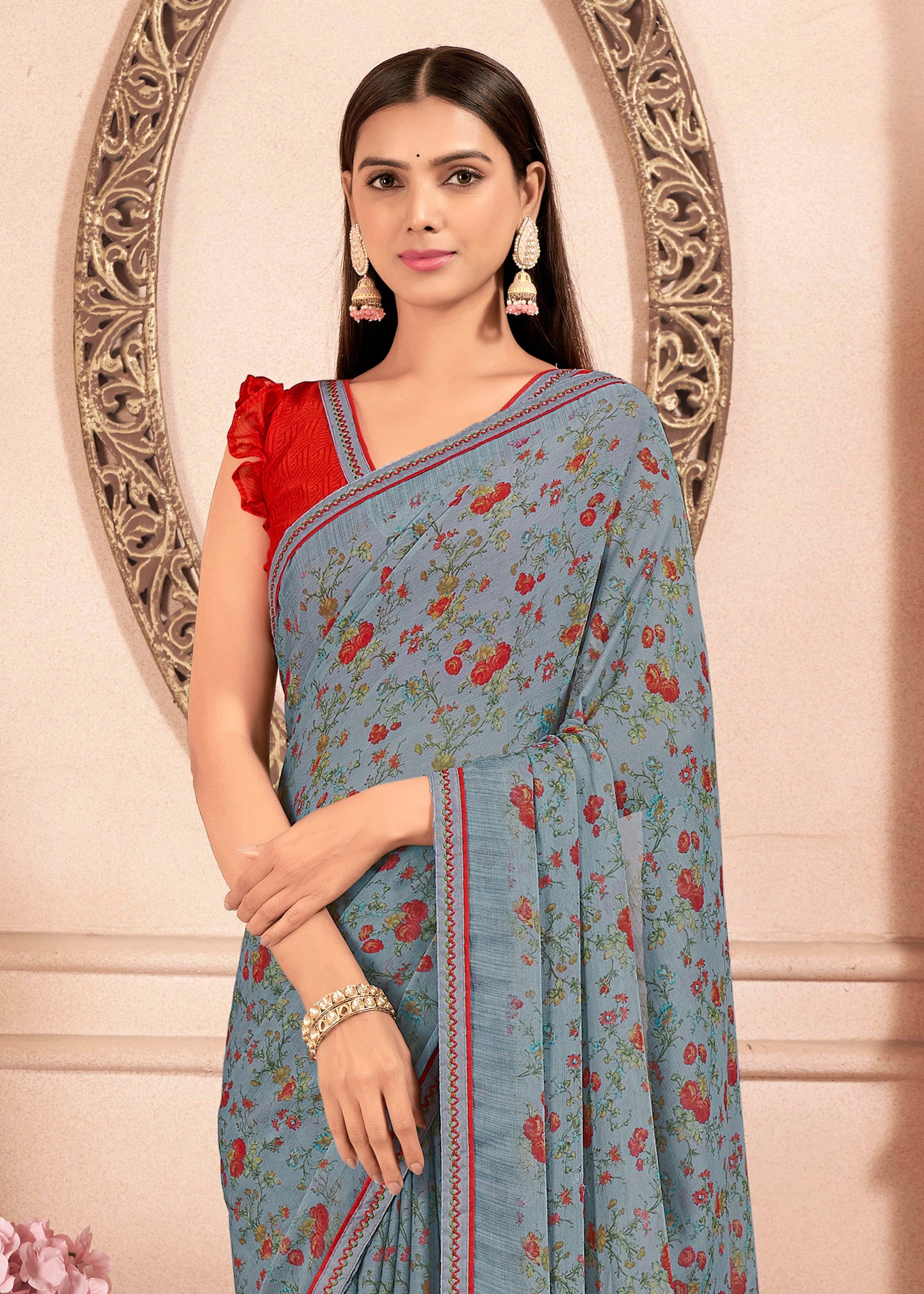 Floral Print Chiffon Saree With Attached Border (Grey)