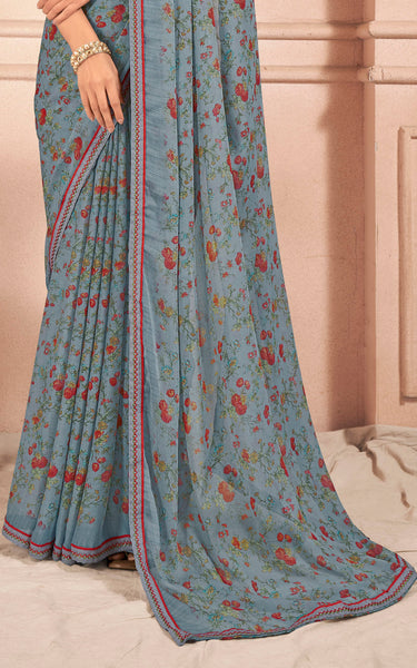 Floral Print Chiffon Saree With Attached Border (Grey)