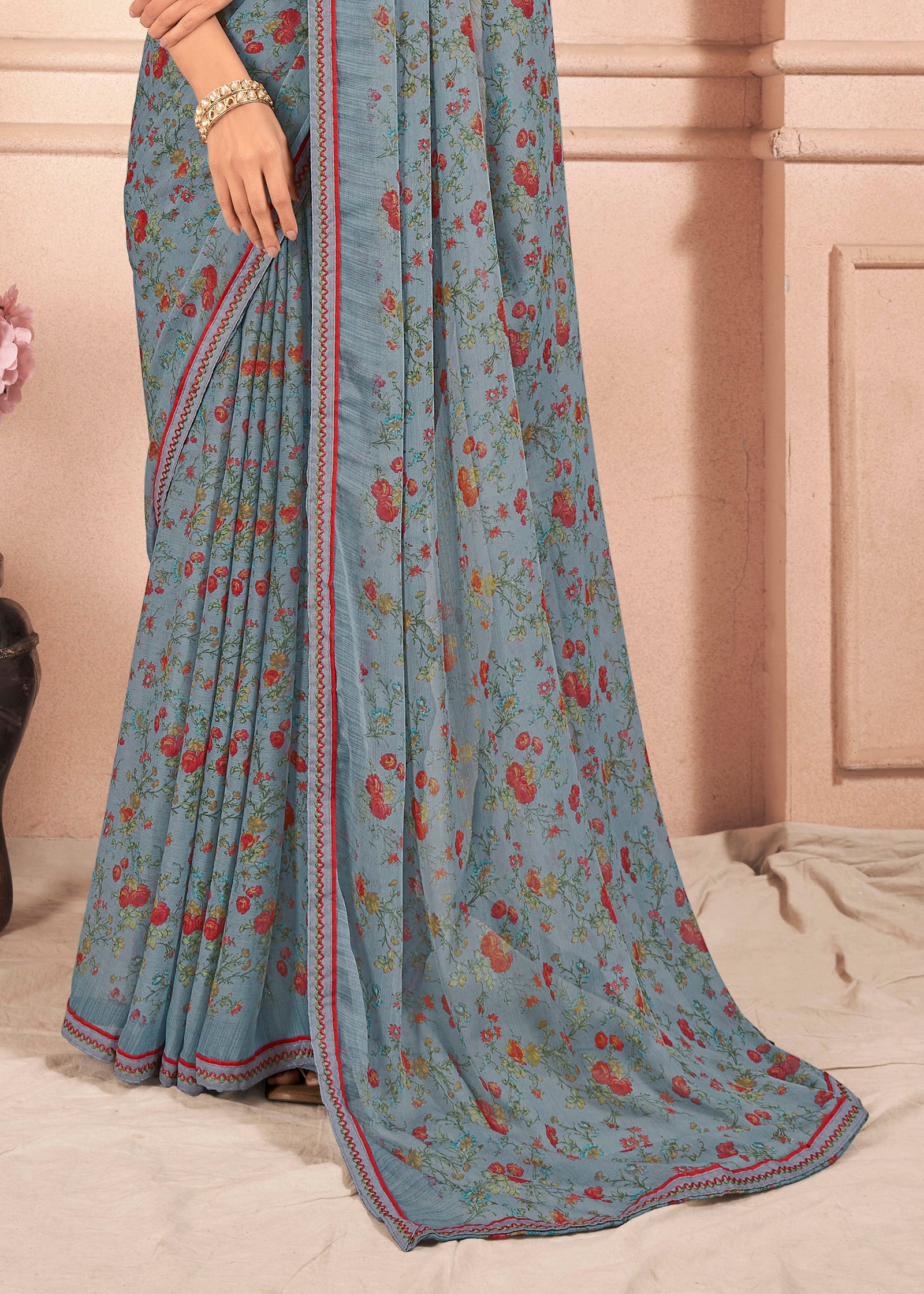 Floral Print Chiffon Saree With Attached Border (Grey)