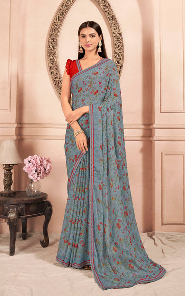 Floral Print Chiffon Saree With Attached Border (Grey)