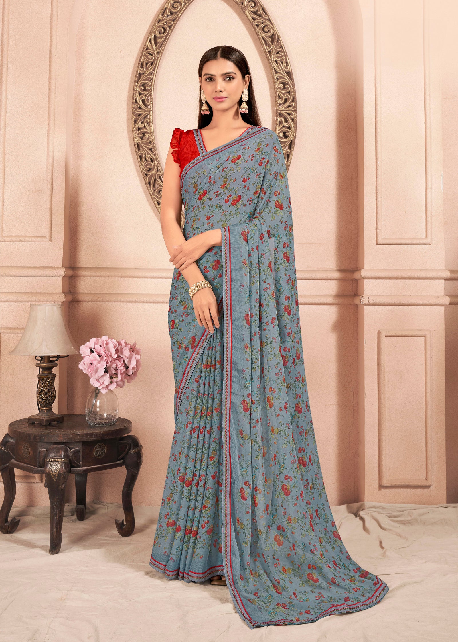 Floral Print Chiffon Saree With Attached Border (Grey)