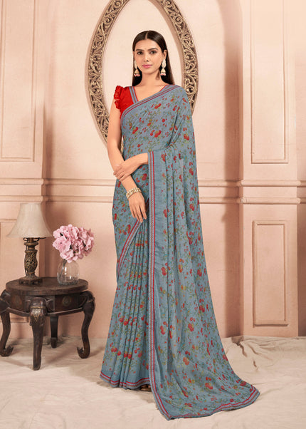 Floral Print Chiffon Saree With Attached Border (Grey)
