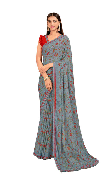 Floral Print Chiffon Saree With Attached Border (Grey)
