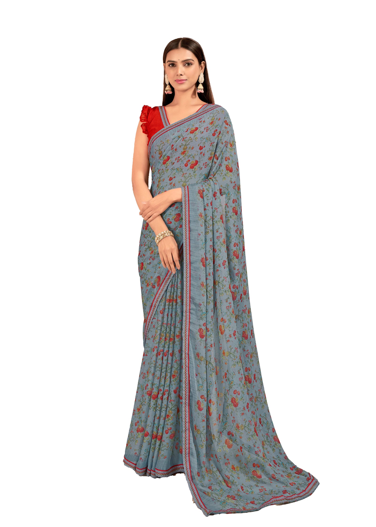 Floral Print Chiffon Saree With Attached Border (Grey)