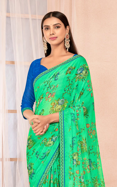 Floral Print Chiffon Saree With Attached Border (Parrot Green)