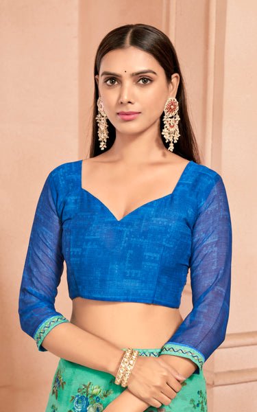 Floral Print Chiffon Saree With Attached Border (Parrot Green)