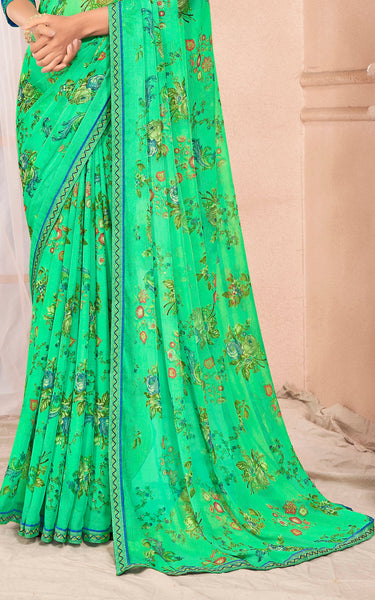 Floral Print Chiffon Saree With Attached Border (Parrot Green)