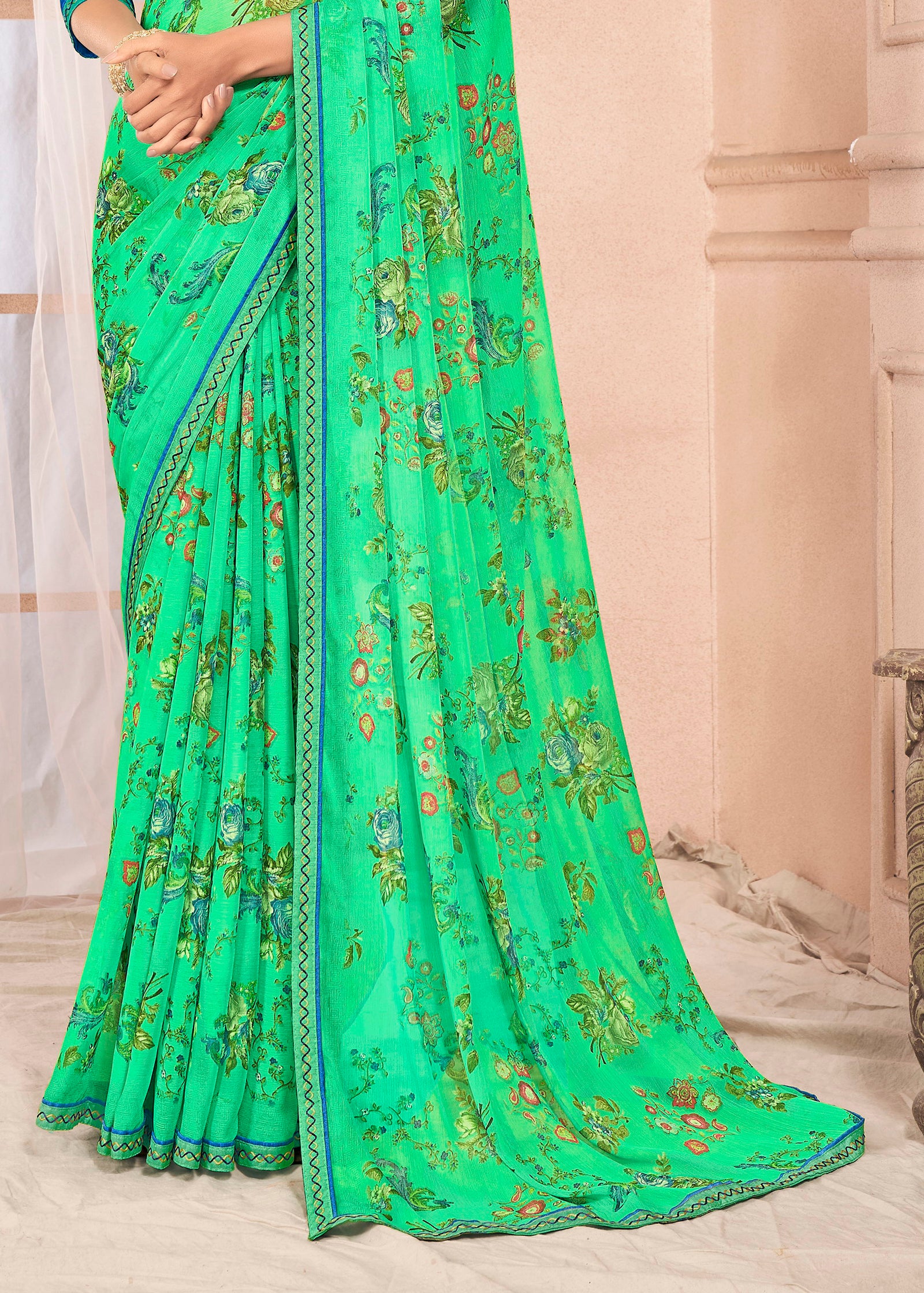 Floral Print Chiffon Saree With Attached Border (Parrot Green)