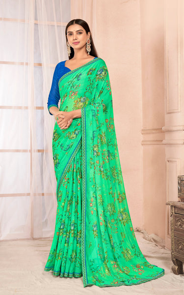 Floral Print Chiffon Saree With Attached Border (Parrot Green)